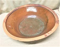 19thC Redware Handled Bowl, 18"Dia.