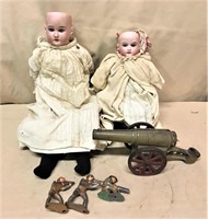 (2) German Bisque Dolls, Cannon, Soldiers