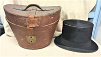 Stove Pipe Hat in Leather Case, Dobbs NY