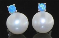 Beautiful Pearl & Blue Opal Stud Earrings
