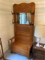 Ornate Oak Hall Tree w/Lift Seat/Beveled Mirror