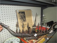 Vtg. Oriental Style Boat & People Made from Horns