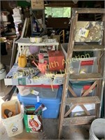 Ladder, box lots, white shelf, contents