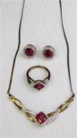 (3) Piece Gold-Toned Jewelry Set w/ Red Stones