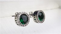 Silver-Toned Stud Earrings w/ Faux Emerald Stones