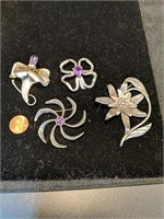 4 Sterling silver brooches