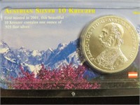2001 1 OZ .925 SILVER AUSTRIAN 10 KREUZER UNC