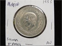 1953 MEXICO 5 SILVER PESOS AU