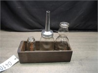 Sewing Tray w/Oil Bottle & Milk Bottles