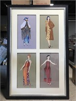 Large framed 4-piece DE Stribley flapper girl art
