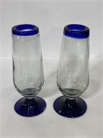 Pair of blue & clear hand blown glasses