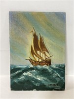 J Medoe signed ship at sea oil painting