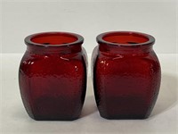 Pair of small red glass jars
