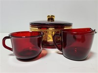 Ruby red glass creamer, cup and candy dish