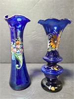 Two cobalt blue glass painted vases