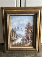 Framed Mountain Scene Oil Painting