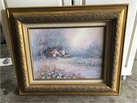 Framed Barn Scene Oil Painting