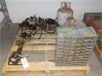 PLT W/ BOLT BIN, GREASE GUNS, PROPANE TANK, ETC.