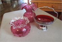 Cranberry Candlestick, Vase, Etc