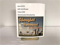 $30 Shanghai Chinese Restaurant Gift Certificate