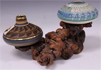 NATIVE AMERICAN PAINTED BOWLS W/ BURL STAND