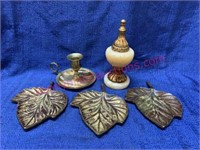 (3) metal leaves - brass candle holder -marble pc