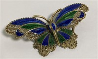 14k Gold Filigree & Enameled Butterfly Pin