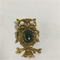 Owl Pin / Pendant With Green Stone & Pearl Eyes