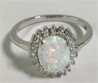 Sterling Silver, Opal & Clear Stone Ring