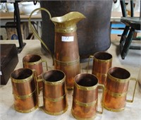 copper & brass pitcher with 6 mugs tavern set