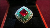 LADIES 925 STERLING RUBY/EMERALD RING SIZE 7