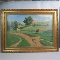 J.L. Alder, oil, Landscape with Cows on Hillside,