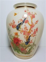 Cream Glass Vase w/ Blue Bird Cherry Blossoms