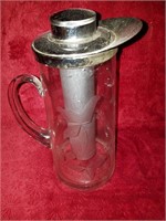 Vtg Clear Etched Glass Pitcher w/ Freezer Tube