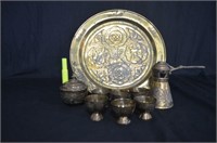 (9 PCS) BRASS SERVING SET - TRAY, 6 SMALL CUPS,