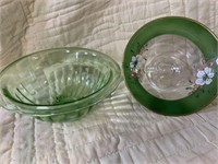 (2) VINTAGE GLASS BOWLS - 1 GREEN GLASS & 1 HAND