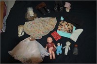 ASSORTMENT OF DOLL CLOTHES & 3 SMALL VINTAGE DOLLS