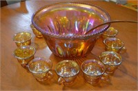 (14 PCS) CARNIVAL GLASS PUNCH BOWL, CUPS & LADLE
