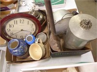 2 boxes: metal ware - pottery - clock