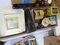 2 boxes: vintage ashtrays - copper enamel tray - o