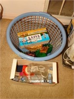 Craft & sewing supplies in plastic laundry basket