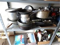 Contents of 2 shelves- pots & pans show wear,