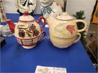TWO HANDED PAINTED "TEA FOR ONE" TEAPOTS AND CUPS