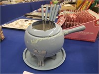 VINTAGE BLUE ENAMELED TIN FONDUE POT WITH STAND