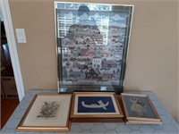 Art Lot With Needlepoint, Lace Art, Paintings,