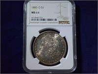 1885-O MORGAN SILVER DOLLAR, MS 64 (NGC)