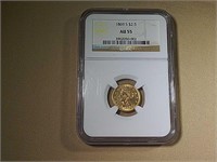 1869-S LIBERTY HEAD $2 1/2 GOLD COIN, AU55