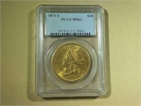 1876-S LIBERTY HEAD $20 GOLD COIN, MS61 (PCGS)