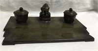 Bronze Double Ink Well Desk Tray With Figural Bear