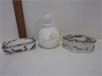3pc Victorian H.P. Milk Glass. Oval Lid Has Chip